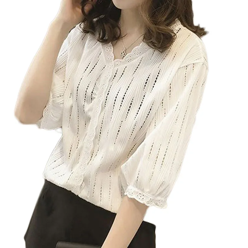 Хлопковая рубашка с коротким рукавом лето 2019 женские блузки топы одноцветные