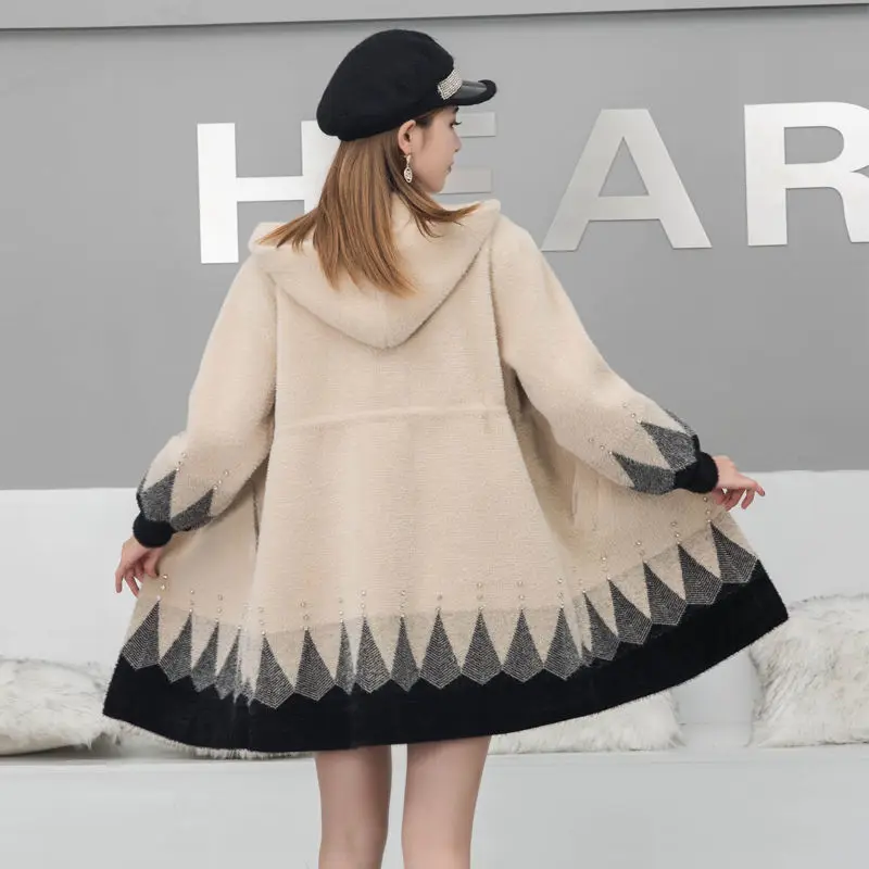 2021 Women Autumn Winter Faux Mink Velvet Sweater Coats Female Hooded Print Mid-long Cardigan Lady Casual Beading Cardigans D211
