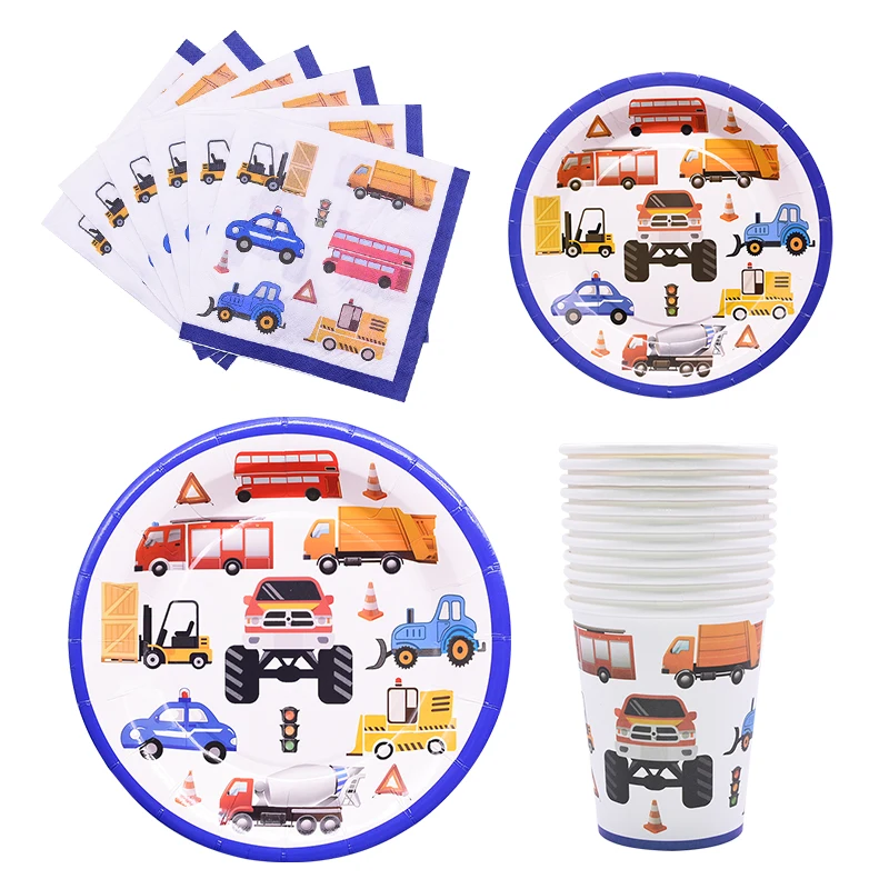 

Construction Trucks Engineering Cars Party Disposable Tableware Set kids boy Birthday Party favors Gift Toys Banner Tableware