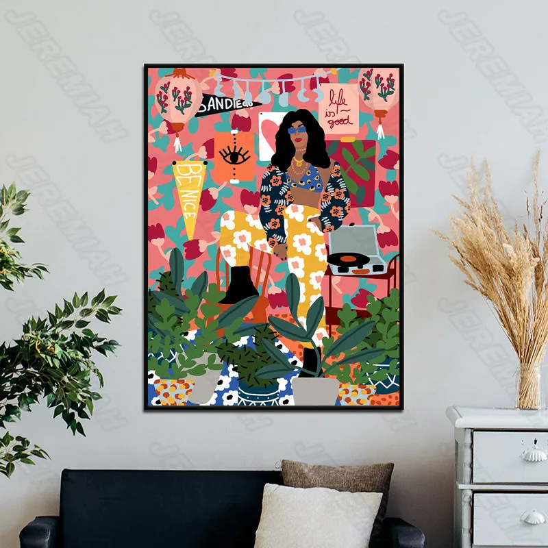 

Fashion Girl and Green Plants Poster Nordic Style Wall Art Canvas Print Painting Modern Living Room Decoration