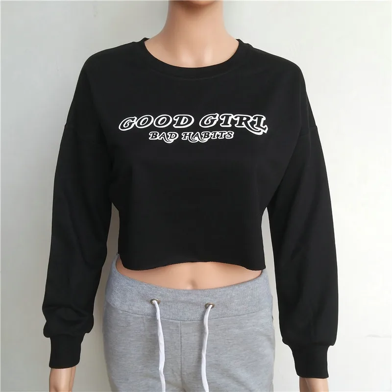 Black Crop Top Long Sleeve Short Sweatshirt for Women 2019 Winter Autumn Yellow Tops Good Girl Bad Habits Letter Cropped Moletom |