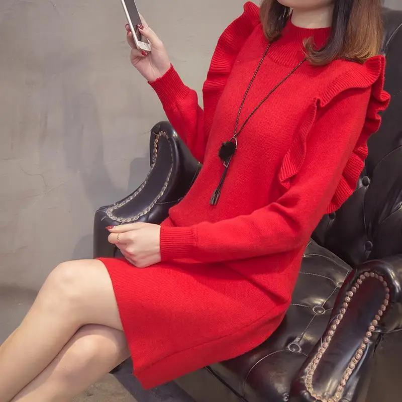 

Женский прямой свитер с оборками, однотонный вязаный пуловер с круглым вырезом, мини-платья, весна-осень 2021