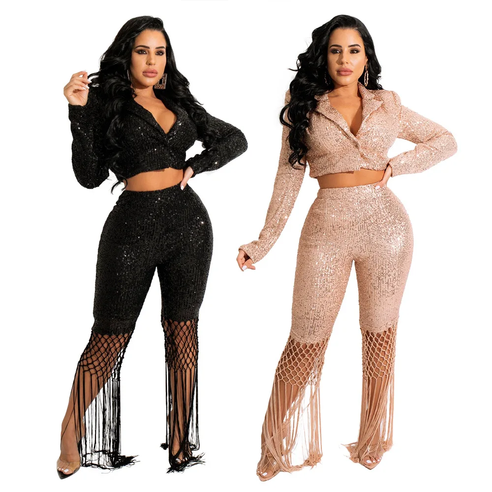 2022 Luxury Clothing Sequins Party Two-piece Set Women Fashion Tassel Long Sleeves Coat Sparkle Pants 2pcs Outfits Nightclub