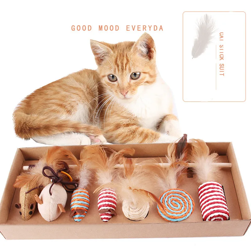 

Pet Toy Cat Toy Combination Funny Cat Stick Set Burlap Wood Rod Mouse 7 Piece Set Funny Cat Stick