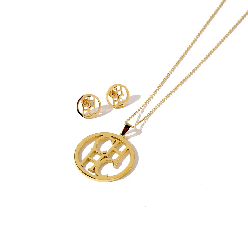 

Gold Plated Hollow Letter Pendant Necklace Round Cute Stud Earrings For Women Fashion Jewelry Set Gift