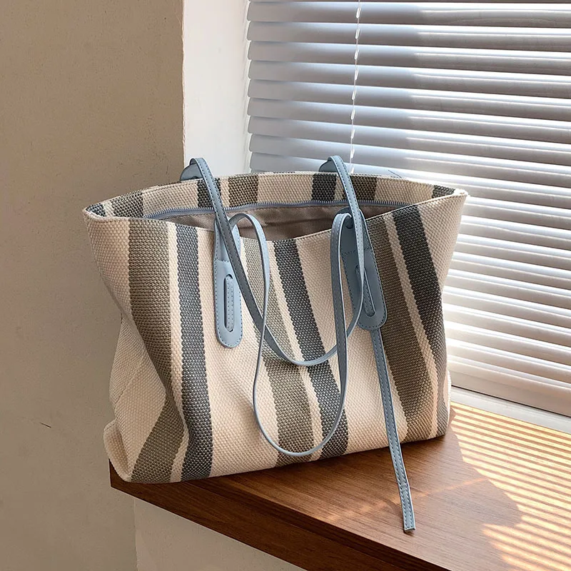 

Women Shoulder Beach Bag Stripe Pattern Canvas Female Designer Tote Shopper Bag for Traveling 2021