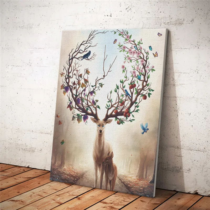 Картина маслом в скандинавском стиле с оленем и принтом | Дом сад