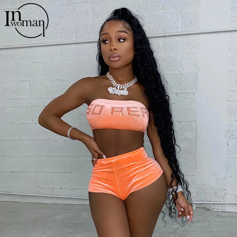 

Inwoman Summer Sexy Two Piece Set Women Pink Crop Top Shorts 2 Piece Sets Womens Outfits 2021 Tracksuit Women Matching Sets