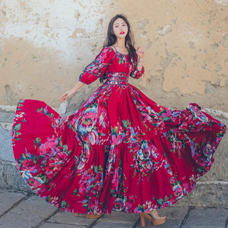 

Vintage Ethnic Style Elegant Women's Long Dress Cotton Print Maxi Dresses Ladies 2021 Summer Ankle Length Clothes Female