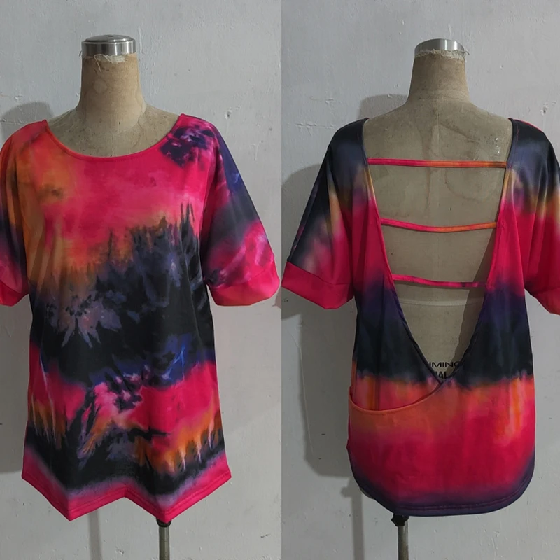 

Women's Summer New Personality Jacket Round Neck Solid Color Tie-dye Sexy Backless Short-sleeved T-shirt Casual Loose Style