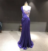 newest high quality customized purple satin flower heavy beadings one shoulder sleeveless murmaid party evening dresses
