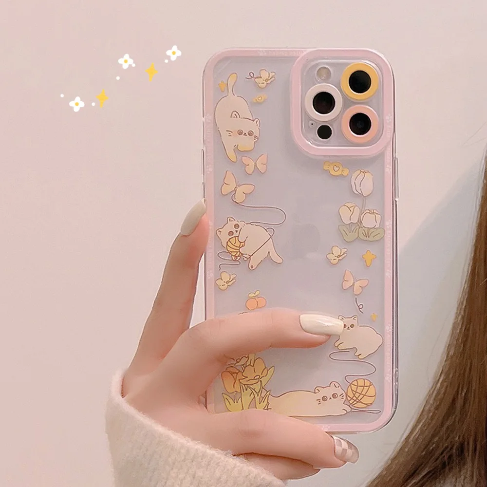 

Cute Pink Japanese Cartoon Cat Soft Phone Case For iPhone 11 12 13 Pro XS Max X XR 7 8 Plus SE 2 Transparent Shockproof Cover
