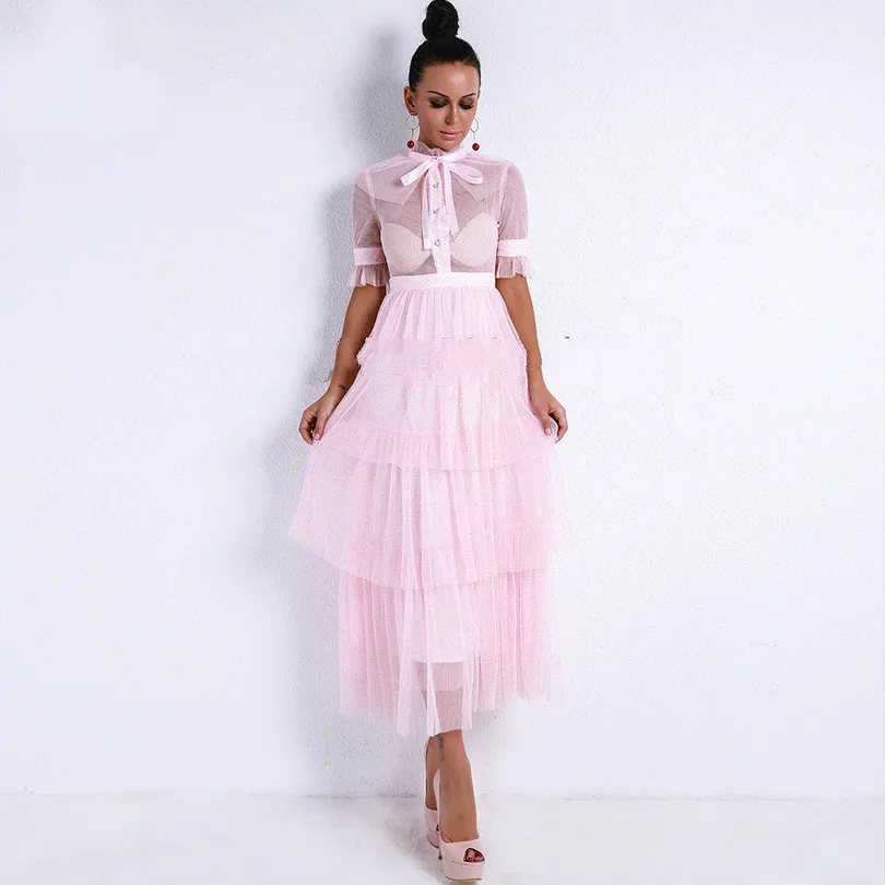 Женское Прозрачное платье с высокой горловиной и длинным рукавом в стиле ретро