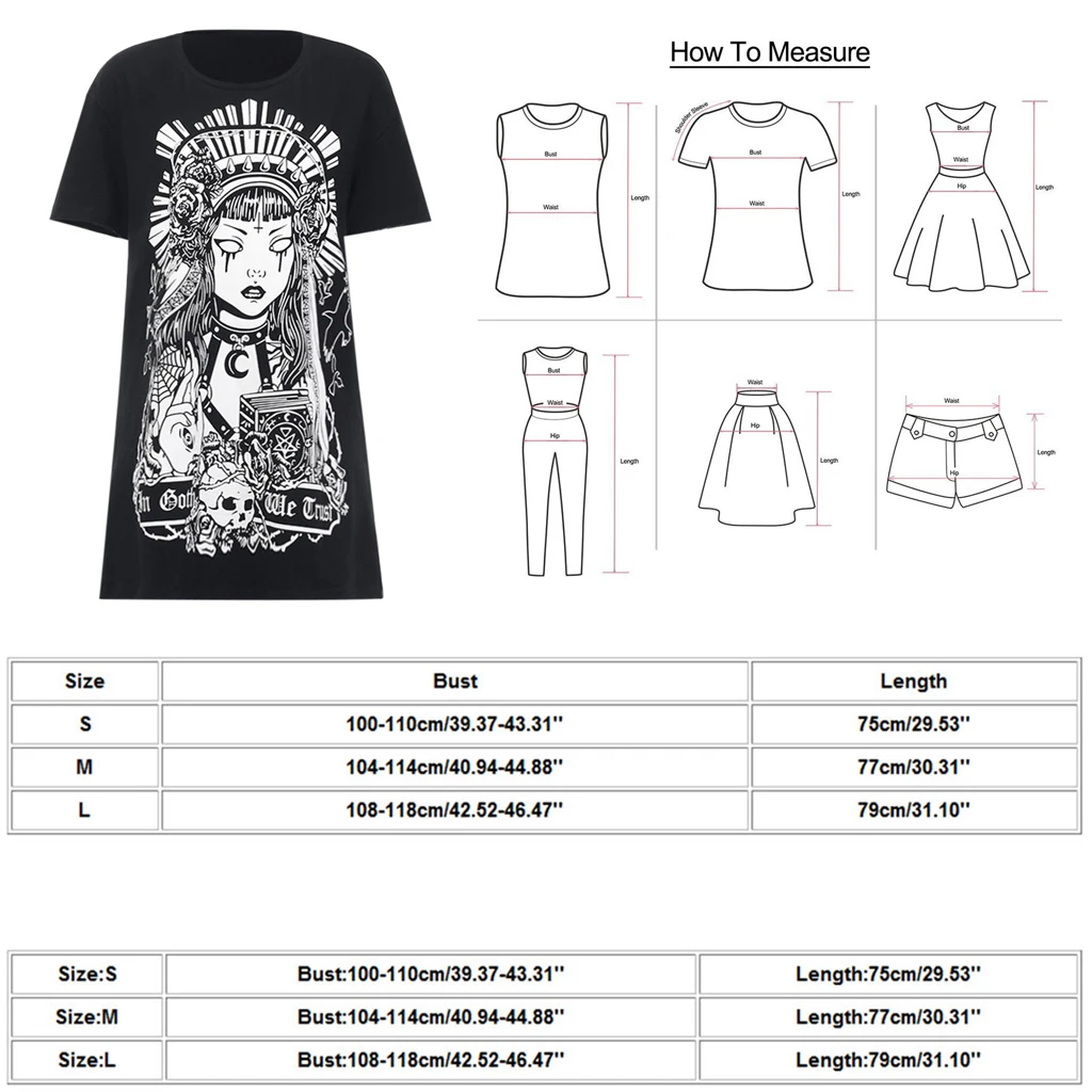 

Summer Women's T Shirt Dress Street Gothic Style Punk Black Retro Cartoon Printed Short Sleeve Round Neck Girls Dress Loose