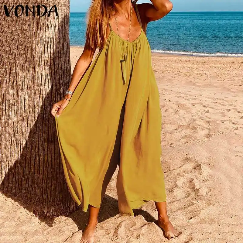 

VONDA 2022 Oversized Women Loose Sleeveless Playsuits V Neck OL Style Solid Jumpsuits Ladies Wide Leg Pants Sexy Loose Overalls