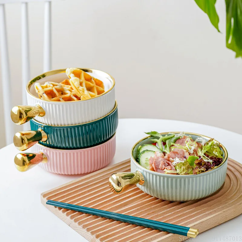 

High-value Phnom Penh Soup Bowl with Handle Household Ceramic Rice Bowl Fruit Dessert Breakfast Salad Instant Noodle Bowl