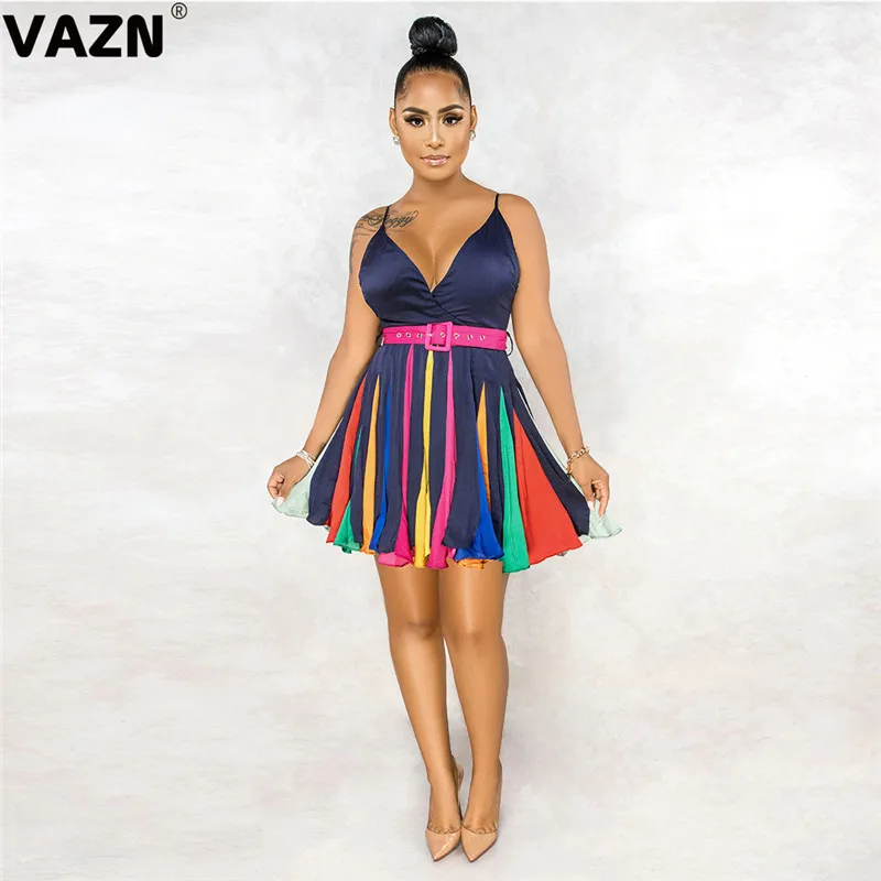 VAZN Striped Print Holiday V-neck A-line Party Street Night Club Sexy Slim Young Dress 2020 Sleeveless dress Lady | Женская одежда