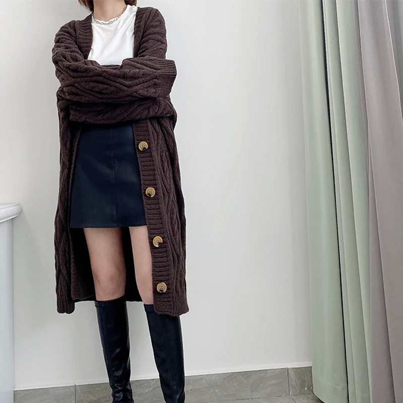 

TIGENA Oversized Women Long Cardigan 2021 Autumn Winter Casual Solid All-match Loose Knit Cardigan Sweater Female Clothing Coat