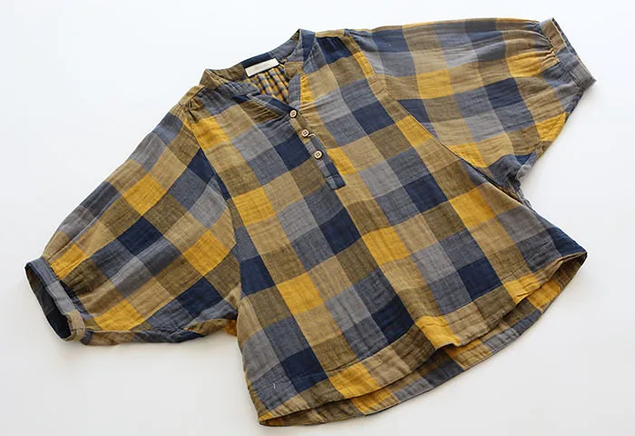

4270 New summer Women Blouse Loose Big Size Half Sleeve Cotton yarn V-Neck Plaid Shirt Tops Women