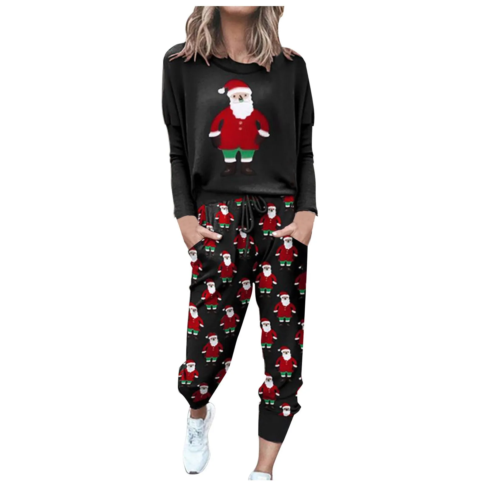 

Women Fashion Solid Color Christmas Printed Long Sleeve Casual Sports Home Sets Christmas Print Hedging Casual Harajuku Cute