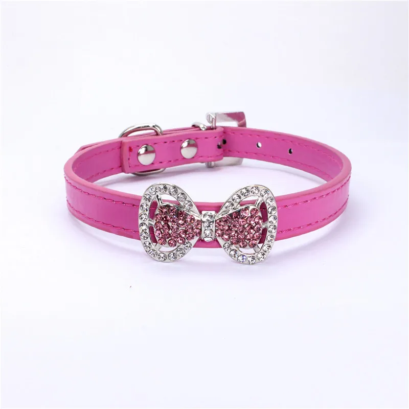 Bling Rhinestone Bowtie Doggy Collar Luxury PU Leather Small Pets Belts Cheap Cute Kitty Collars | Дом и сад