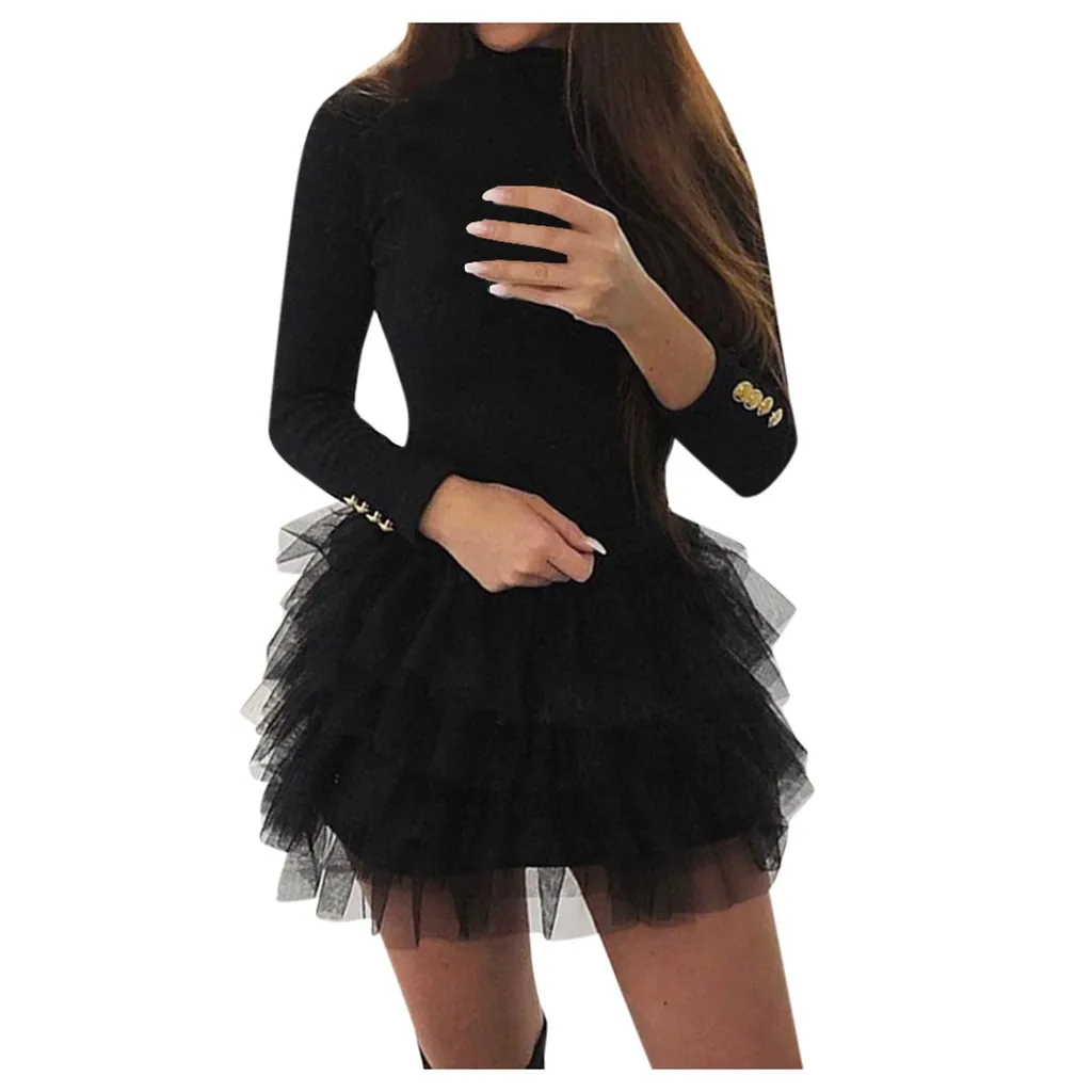 Женское однотонное черное Сетчатое мини-платье на пуговицах с вставками и