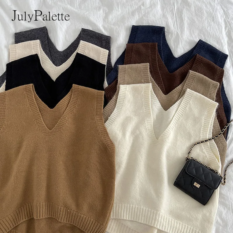 

Julypalette Fashion Sweater Vest women 2021 Fall Winter Solid Irregular V-neck Waistcoat Tops Casual Preppy Style Girl Knit Vest