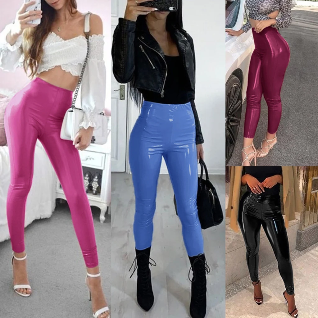 Пикантные обтягивающие брюки из искусственной кожи с высокой талией однотонные