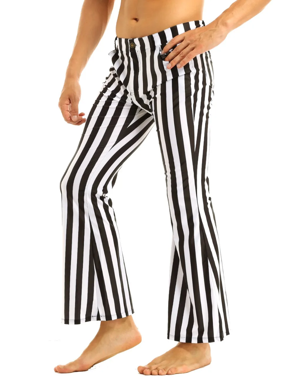 Adult Men Vintage Striped Long Pants Male Retro Mid Waist Elastic Flares Trousers Homme Party Stage Dance Costume Club Clothing