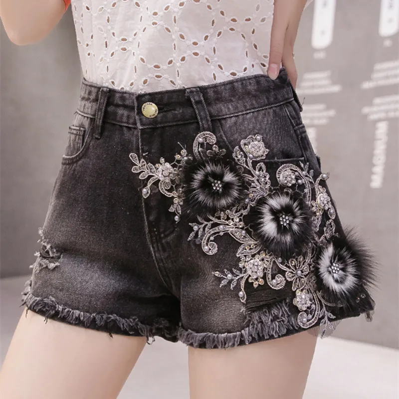 

Осенние короткие джинсовые брюки с высокой талией, женские черные облегающие шорты, Лидер продаж, джинсовые шорты для девочек с 3D вышитыми ц...