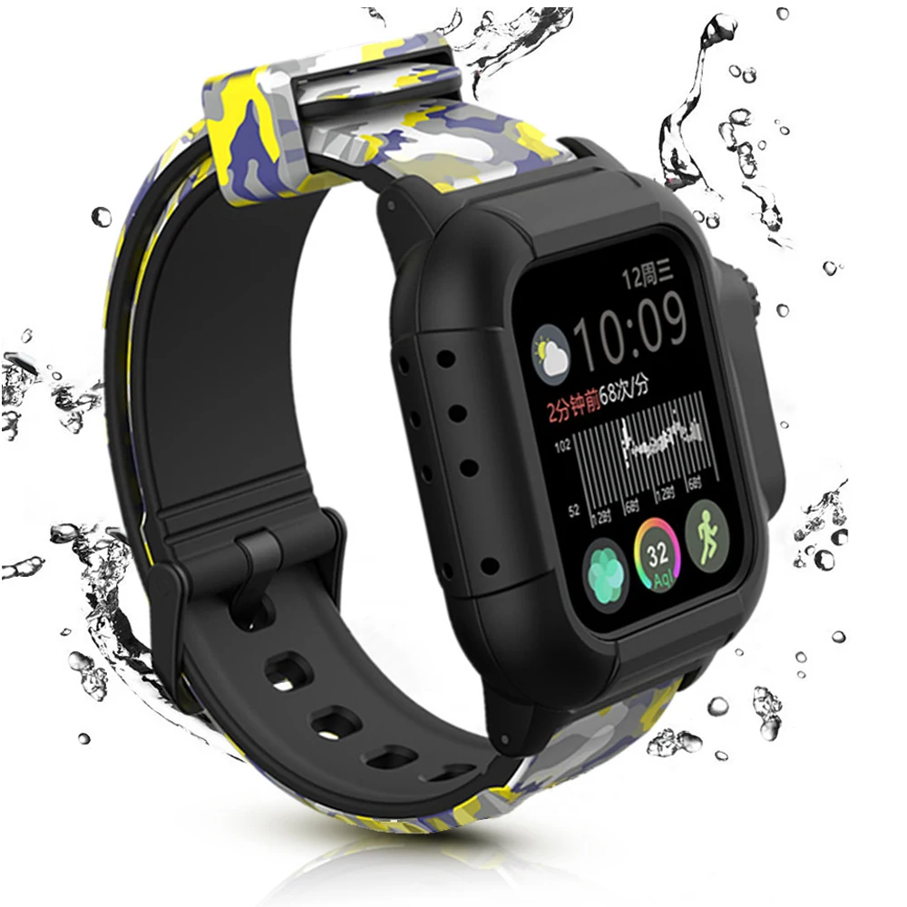 

Для Apple Watch Band 44 мм 40 мм 42 мм водонепроницаемый чехол + силиконовый ремешок Камуфляжный спортивный браслет Рамка для iWatch Series SE/6/5/4/3