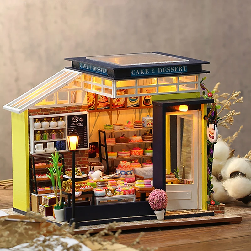 

DIY Cake Room Wooden Miniature Dollhouse Handmade Little Doll House Furniture Model Building Kits Toys For Kids Adult Xmas Gifts