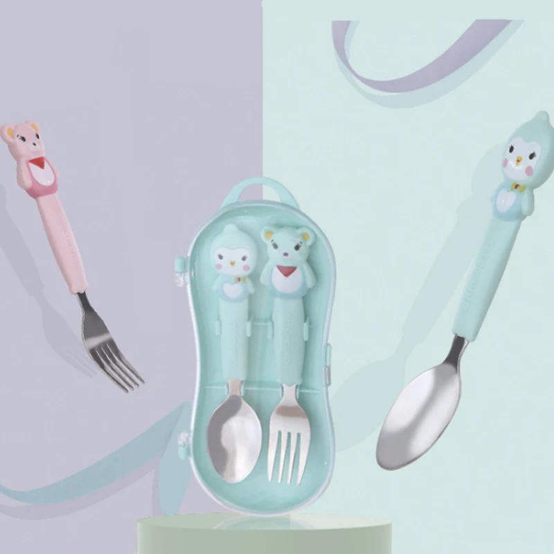 

304 Stainless Steel Cartoon Animal Spoon Fork Portable Anti-Slip Children Tableware Cutlery Suit Baby Food Supplement Tableware