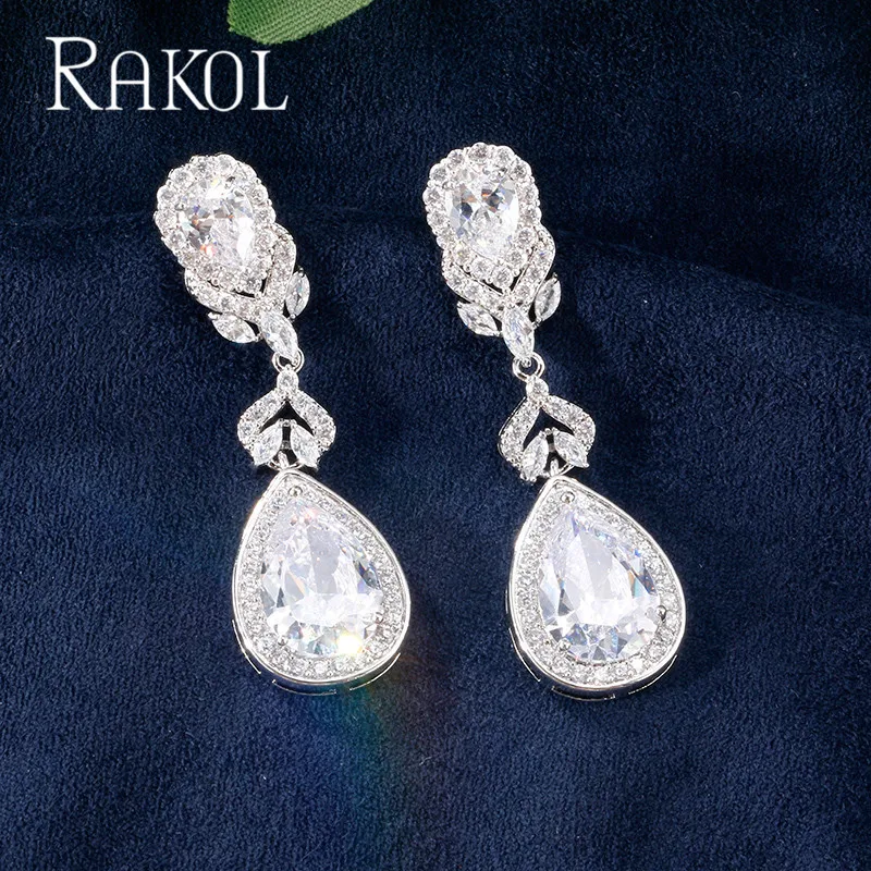 Женские Висячие серьги с фианитом RAKOL синие каплями воды для свадебного обеда