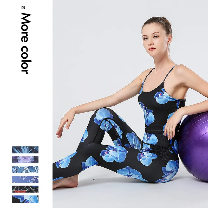 

Female Print Yoga Set Fitness Women Sports Running Suit Gym Wear Legging Printed Fitness Jumpsuit Crop Tank Top Leggings Running