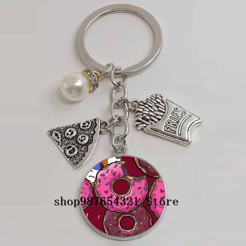 New Pizza French Fries Donut Burger Icon Keychain Glass Cabochon Charm Jewelry | Key Chains
