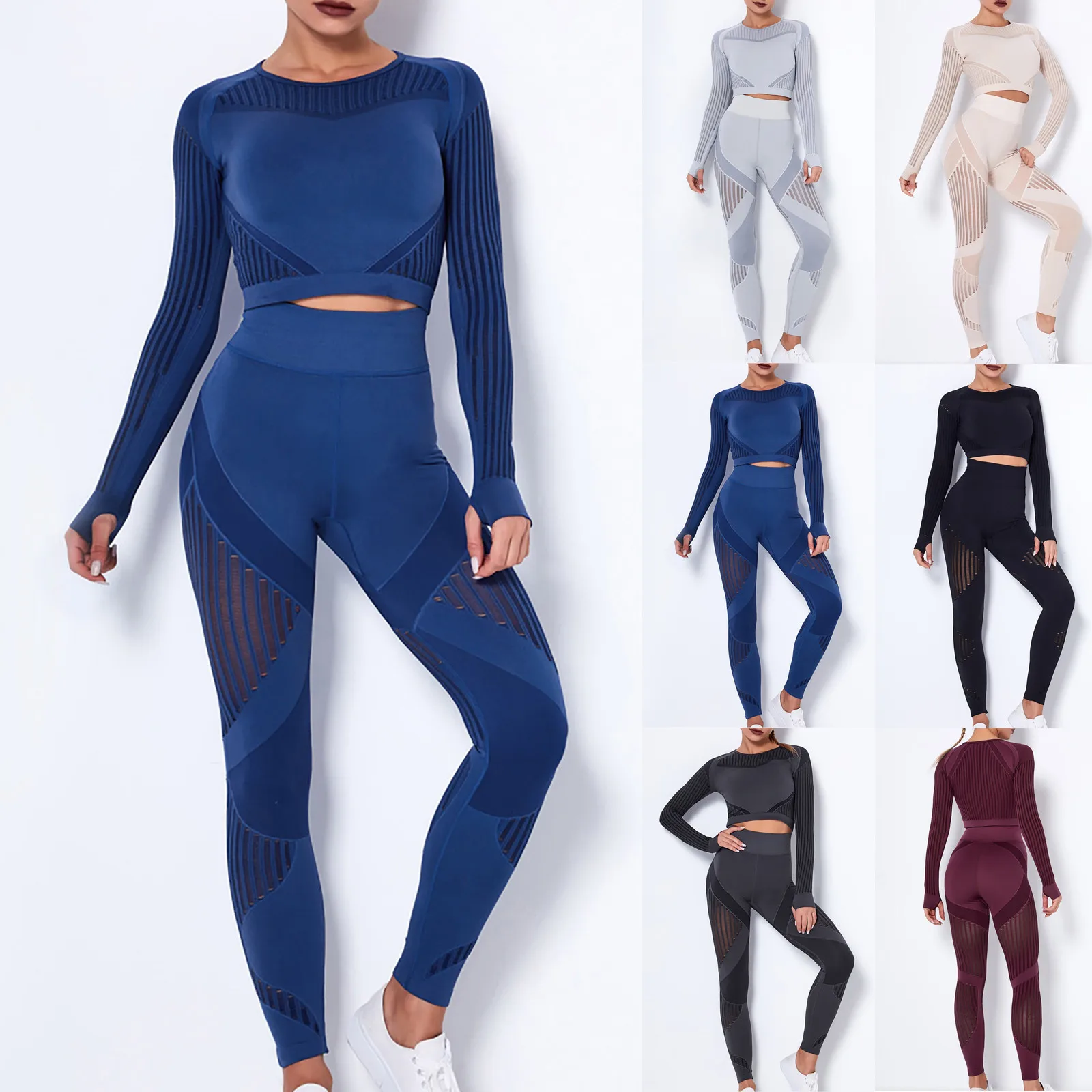 

2021 Ladies Yoga Set Women Pure Color Seamless Striped Hollow Out High Waist Quick-drying Fitness Skinny Sportswear Suit A20