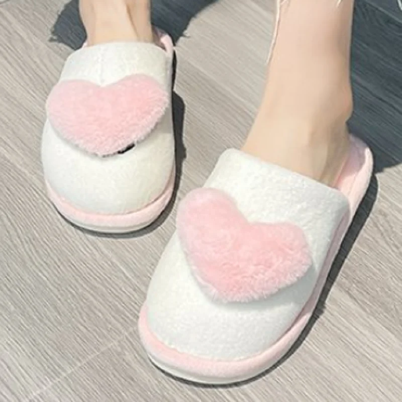 

Winter Slippers Female Household Flip Flops Fur Slippers Fashion Heart-shaped Pure Cotton Indoor Shoes Warm Ladies Slippers