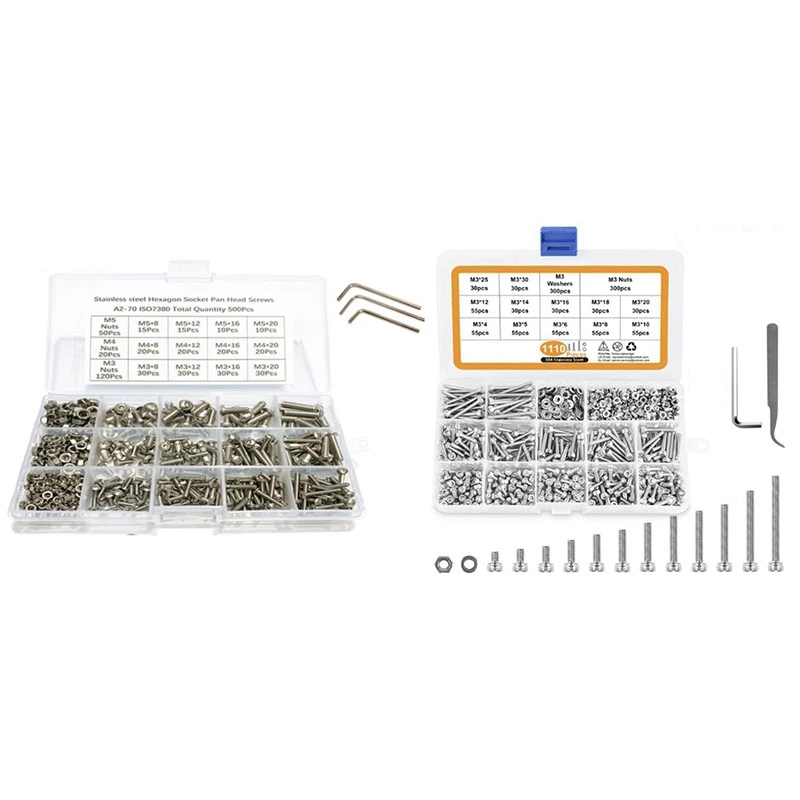

500 Pcs M3, M4, M5 Screw and Nut Combination Set with 1100 Pcs M3 Stainless Steel Screws Nuts Washers Assortment Kit