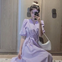 2021 summer purple elegant long dress women vintage v neck slit puff sleeves female franch casual holiday lady fashion dress