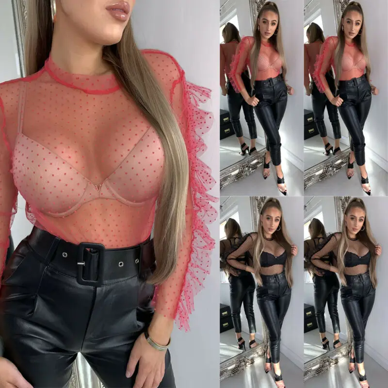 Womens Sheer Mesh See-through Blouse T-Shirt Ladies Polka Dot V-Neck Casual Tops Cover Ups Beachwear | Женская одежда