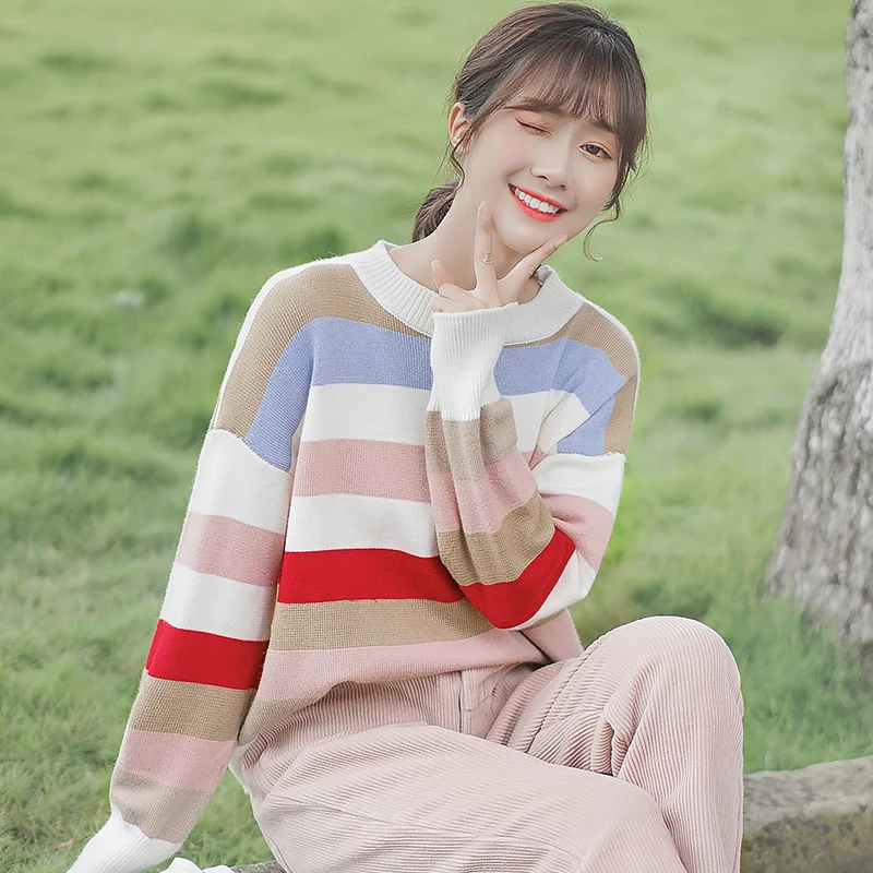 

Шикарный хаки 2020 новый осенне-зимний полосатый свитер женский свободный маленький Топ для студентов пуловер свитер с внутренней подкладко...