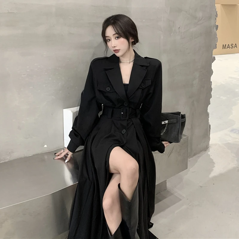 Корейский стиль Костюм с воротником Тренч платье 2020 Осень Новый Инс середины