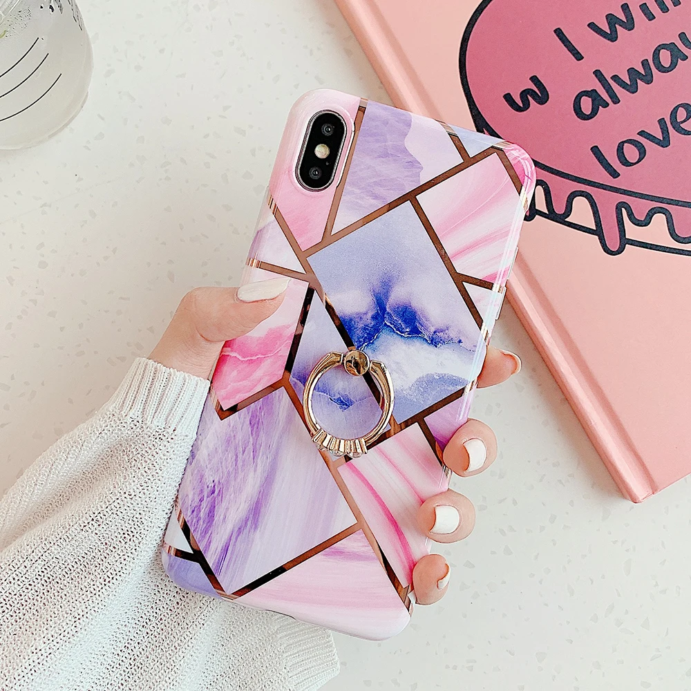a Чехол для телефона LOVECOM для iPhone 11 Pro XR XS Max 6 6S 7 8 Plus X Мягкая Гальваническая мраморная задняя крышка с кольцом на палец - Цвет: a