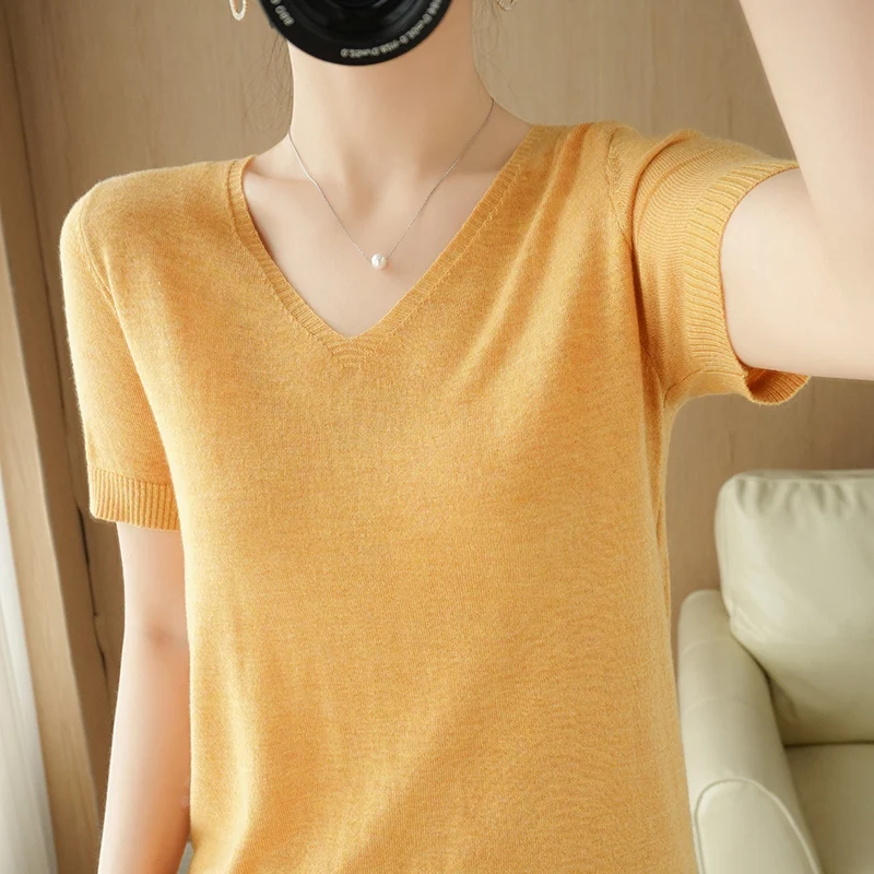 

Worsted thin V-neck short-sleeved knitted T-shirt, women's new pullover loose bottoming shirt, short knitted vest t-shirt top