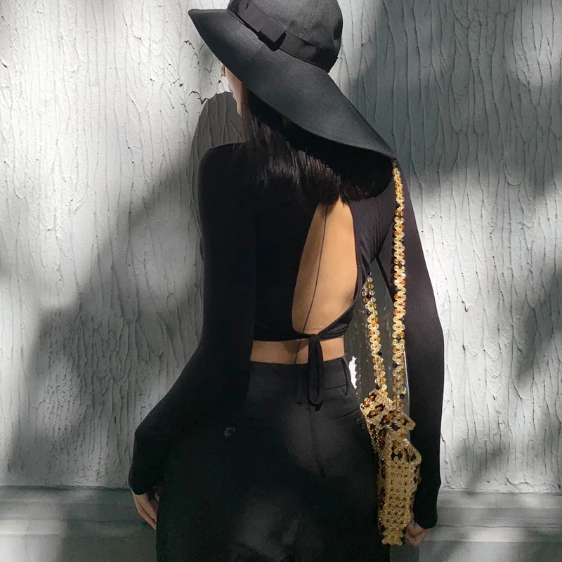 

Women Long Sleeve Rib Cropped T-shirt With Cut Out Tie Back