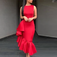 women red slim dress sleeveless patchwork ruffle midi elegant midi dresses evening party robes 2021 new arrival female clothing