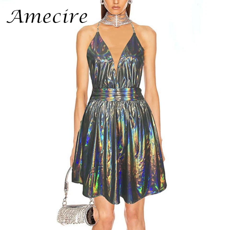 

Amecire женское сексуальное Клубное вечернее платье с глубоким v-образным вырезом, милое ТРАПЕЦИЕВИДНОЕ мини-платье с открытой спиной и бантом,...