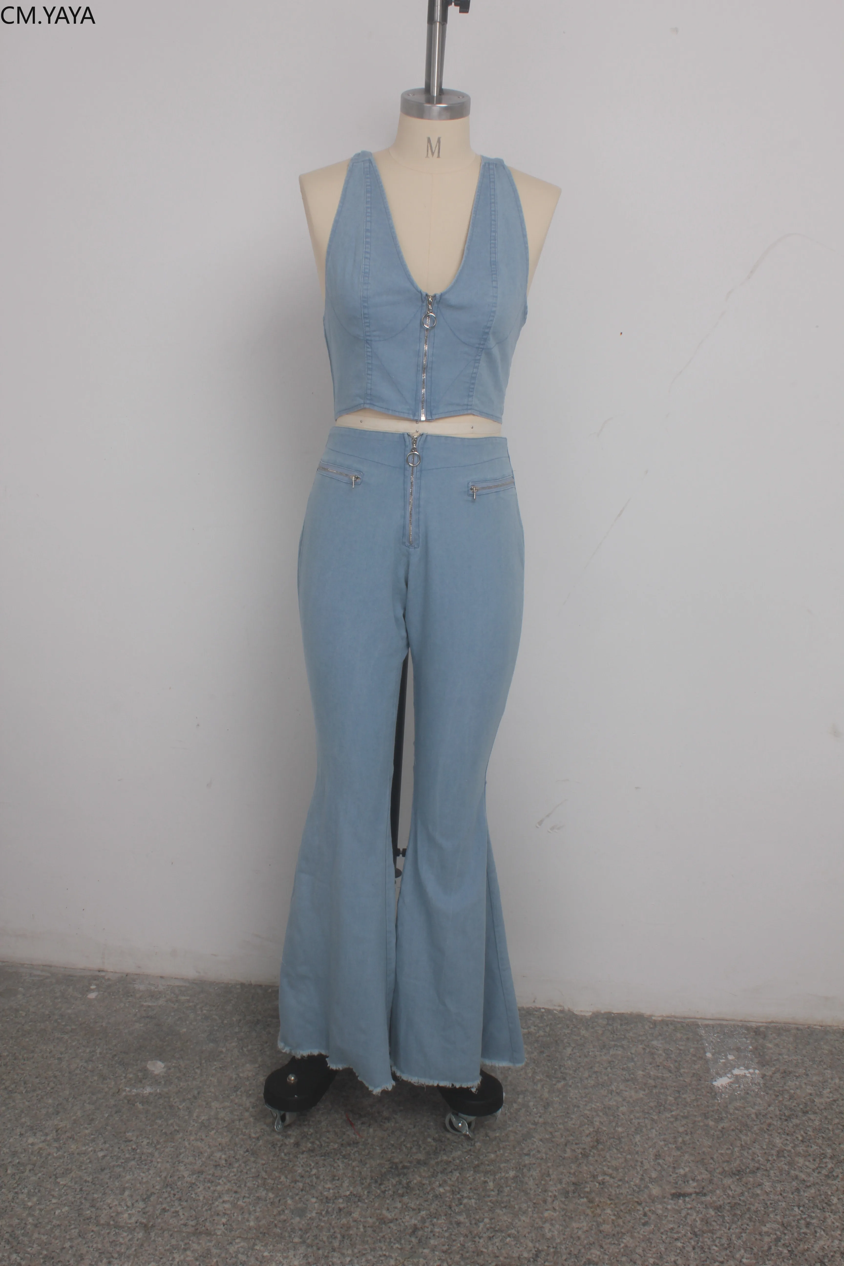 Осенний джинсовый уличная Женская одежда комплект с бретелькой на шее