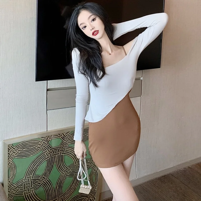 Sexy Square-Neck Show Chest off-the-Shoulder Irregular T-shirt Sling Hip Skirt Two-Piece Set Rac |